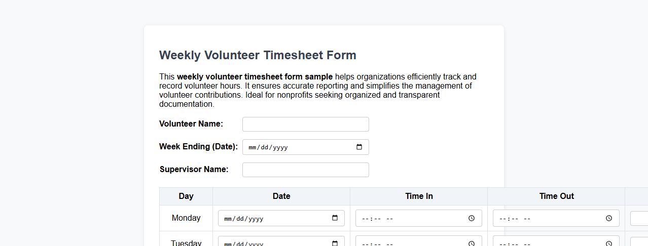 weekly volunteer timesheet form sample image preview