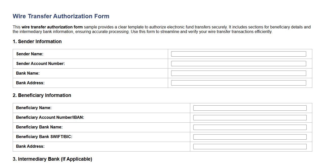 wire transfer authorization form sample including intermediary bank image preview