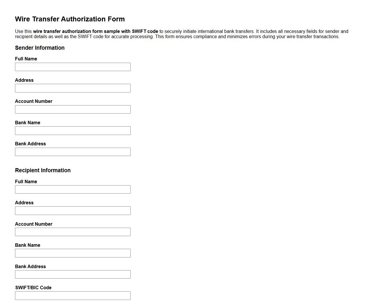 wire transfer authorization form sample with swift code image preview
