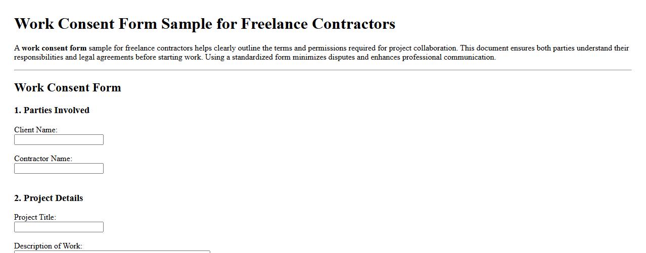 Work consent form sample for freelance contractors image preview