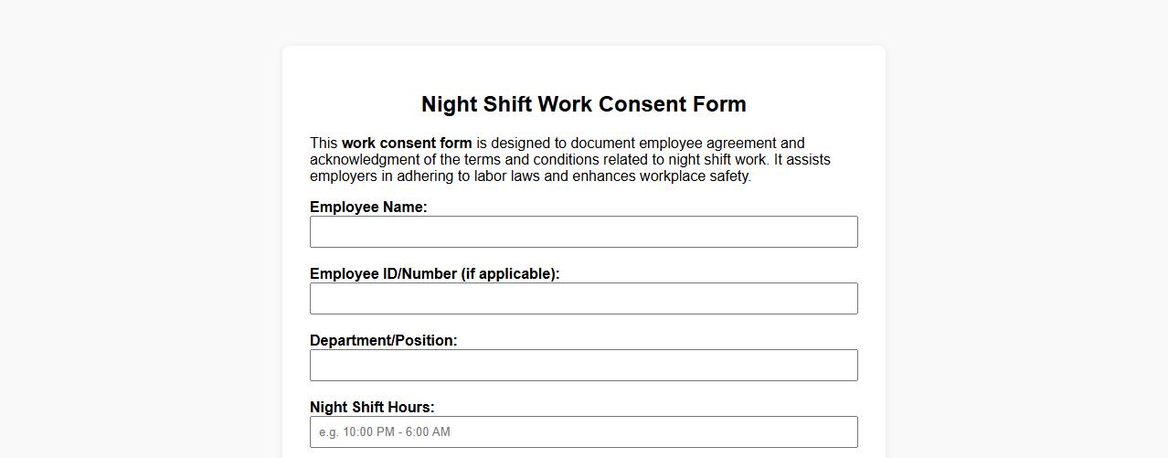 Work consent form sample for night shift image preview