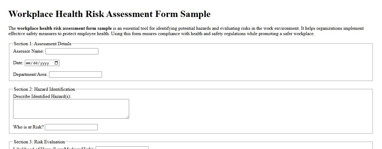 Workplace health risk assessment form sample image preview