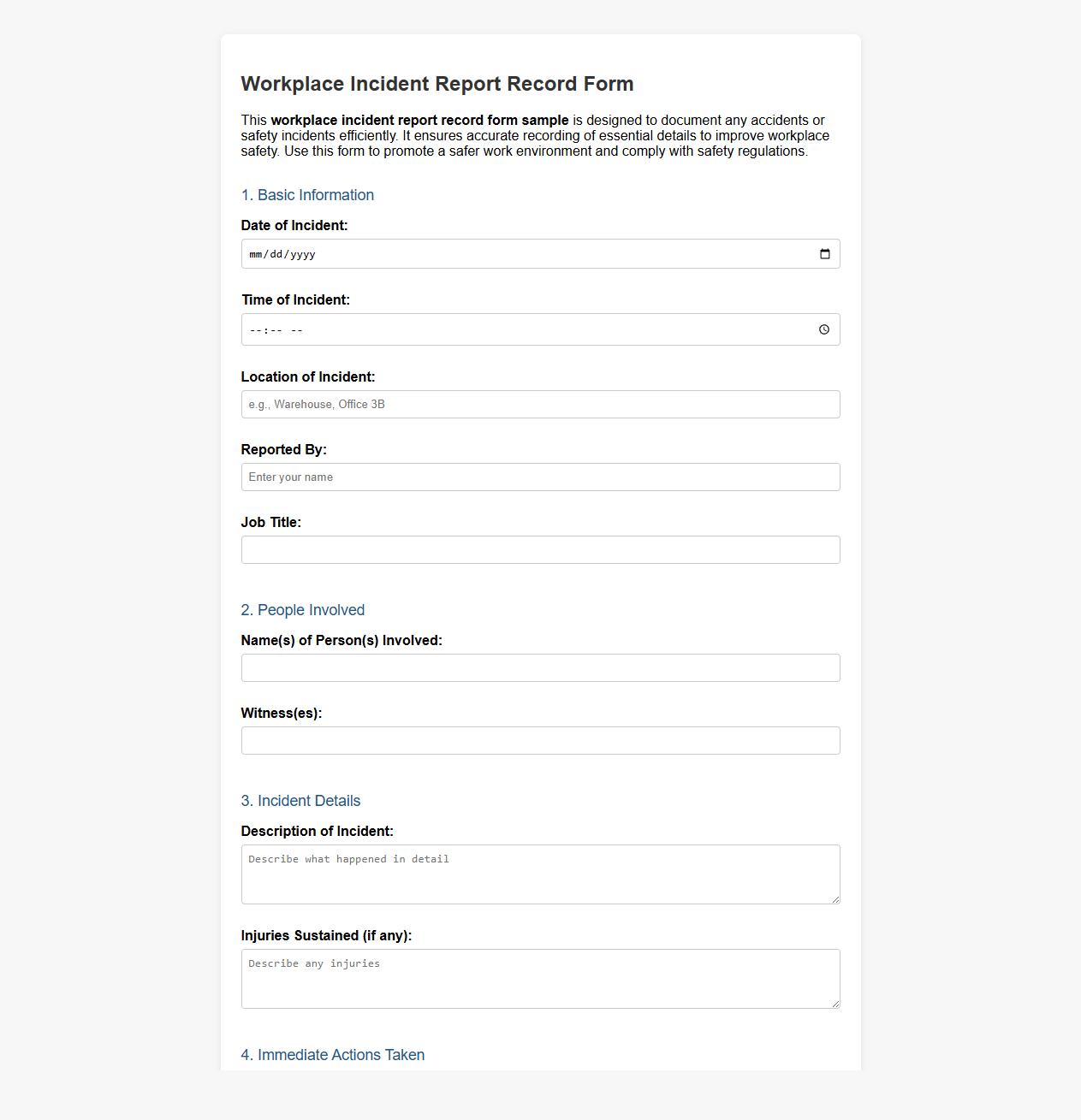 workplace incident report record form sample image preview