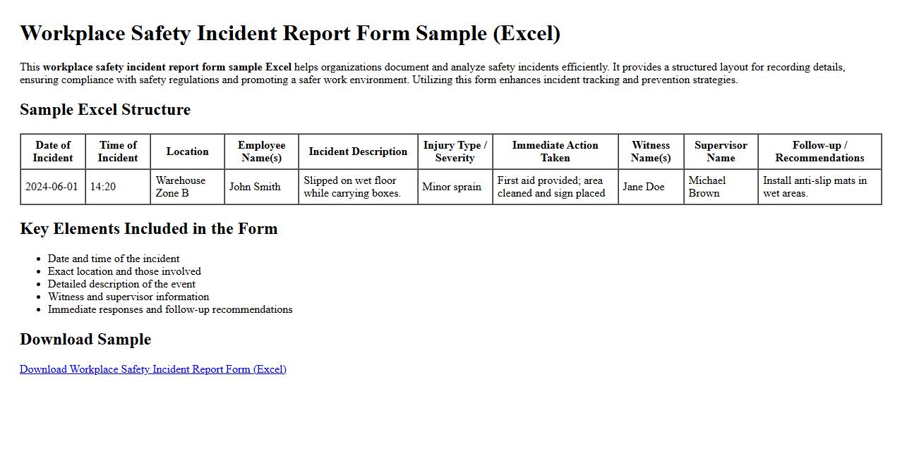 workplace safety incident report form sample excel image preview