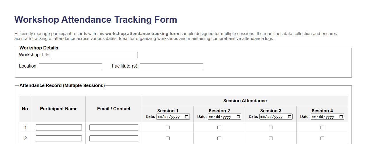 workshop attendance tracking form sample for multiple sessions image preview