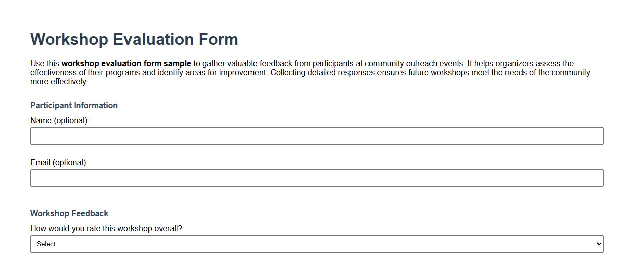 Workshop evaluation form sample for community outreach events image preview