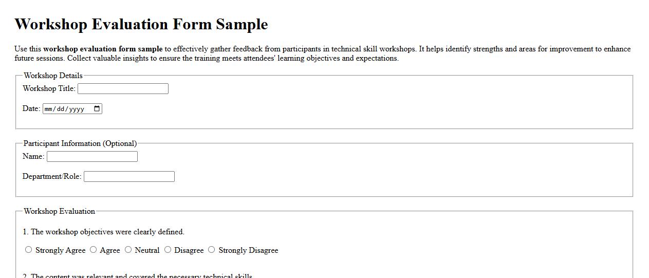 Workshop evaluation form sample for technical skill workshops image preview