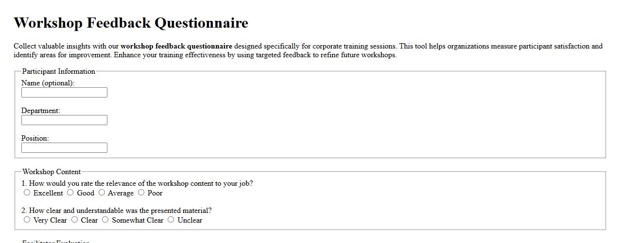 workshop feedback questionnaire for corporate training image preview