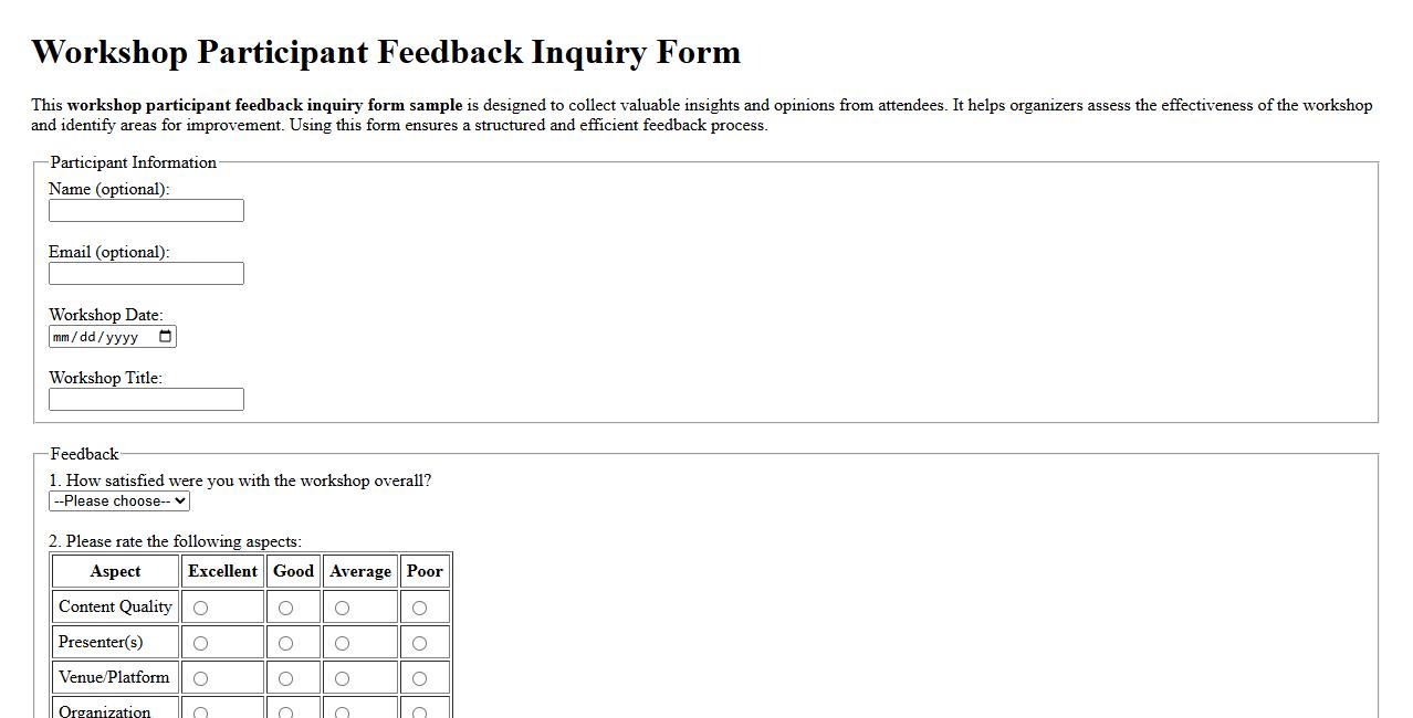workshop participant feedback inquiry form sample image preview