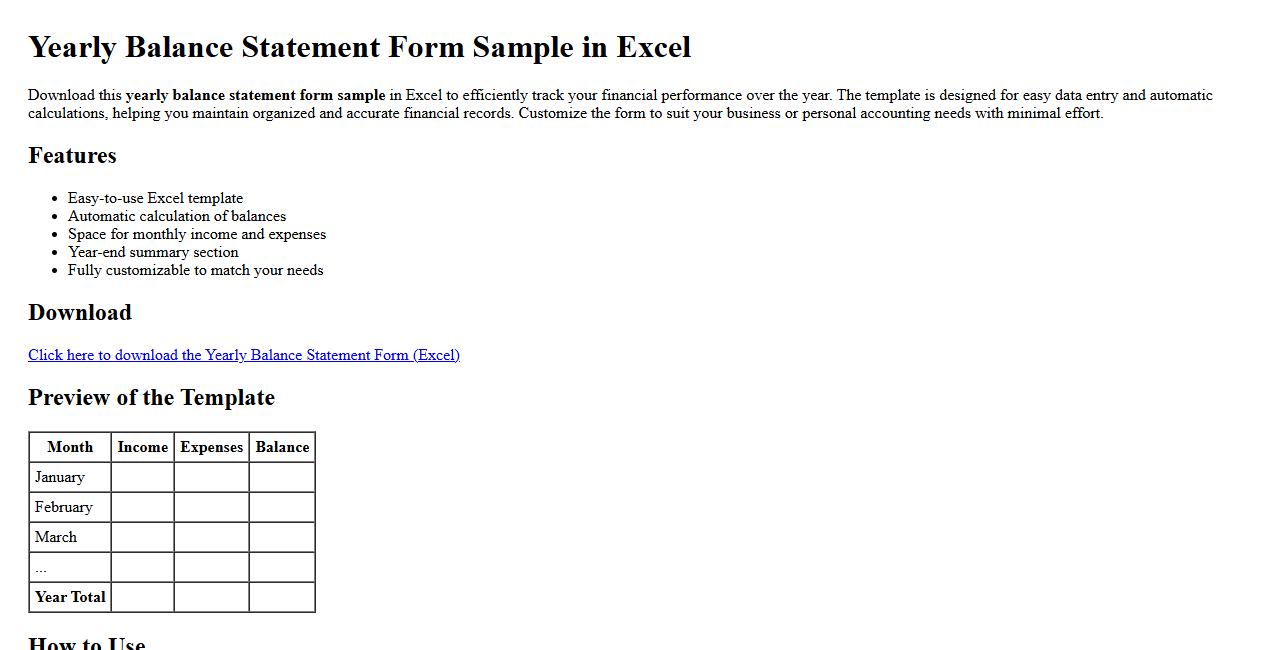 Yearly balance statement form sample in excel image preview