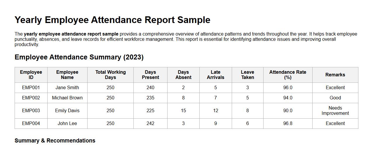 yearly employee attendance report sample image preview