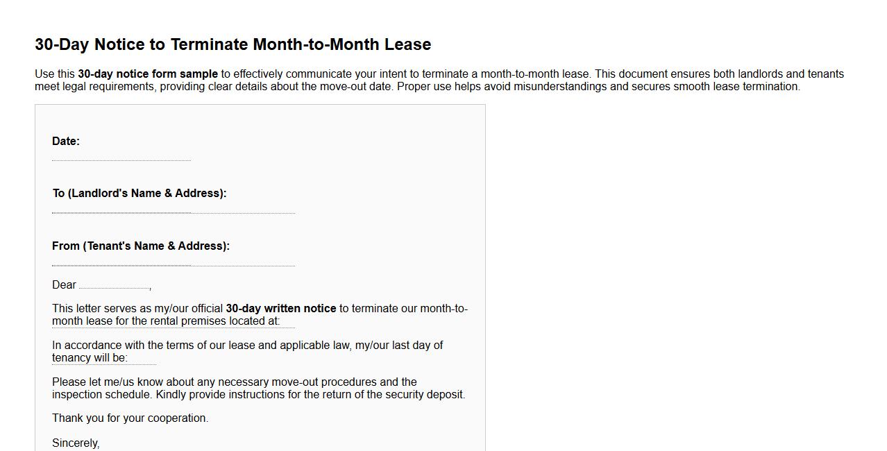 30-day notice form sample for month-to-month lease image preview