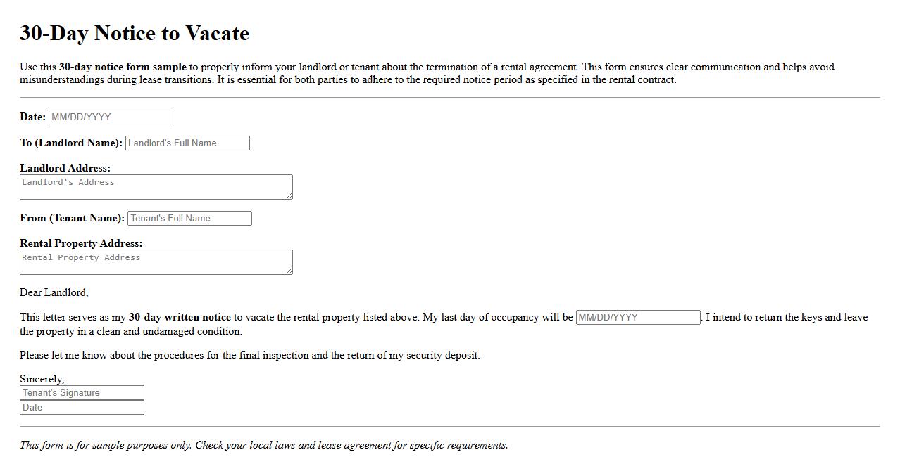 30-day notice form sample for rental property image preview