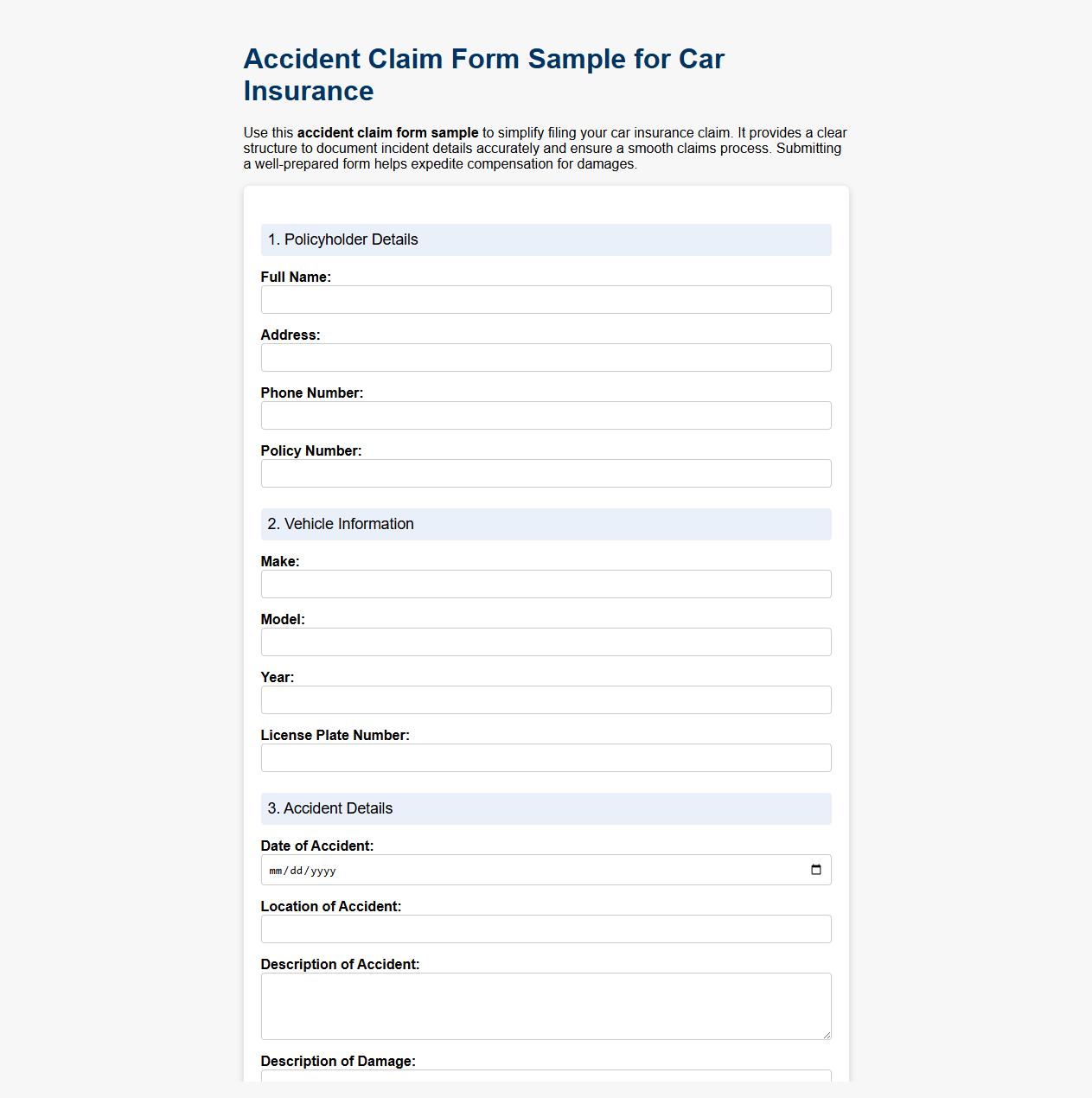 Accident claim form sample for car insurance image preview