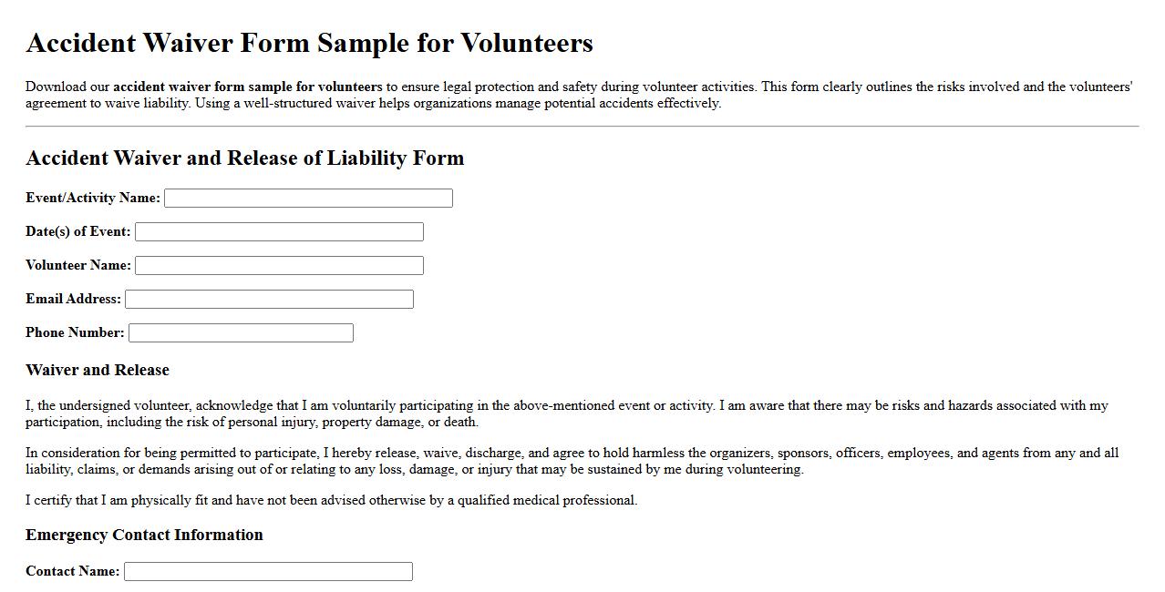 accident waiver form sample for volunteers image preview