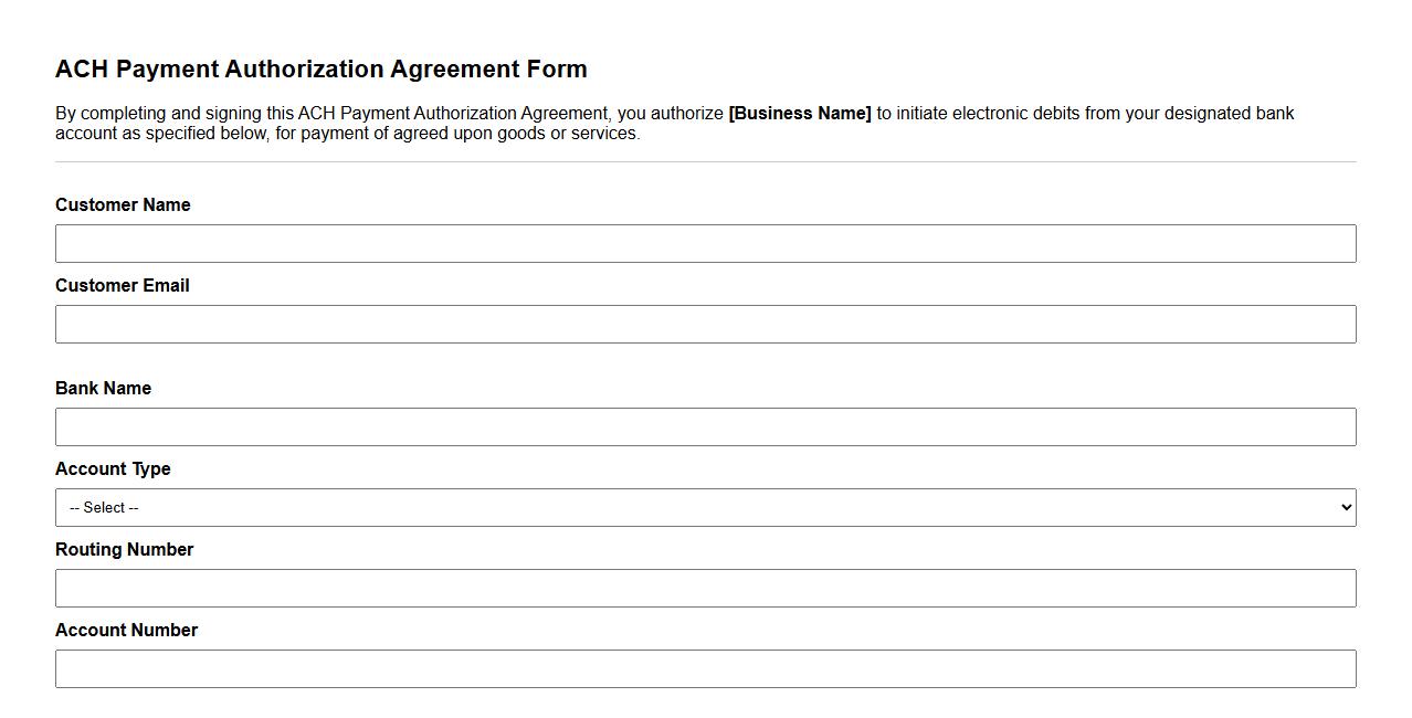 ACH payment authorization agreement form example image preview