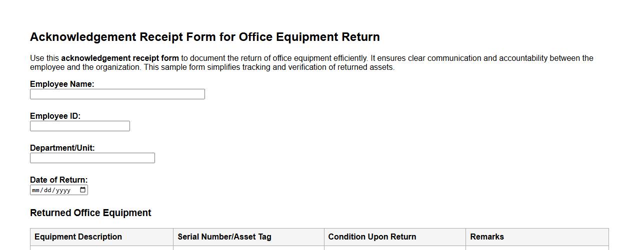 Acknowledgement receipt form sample for office equipment return image preview