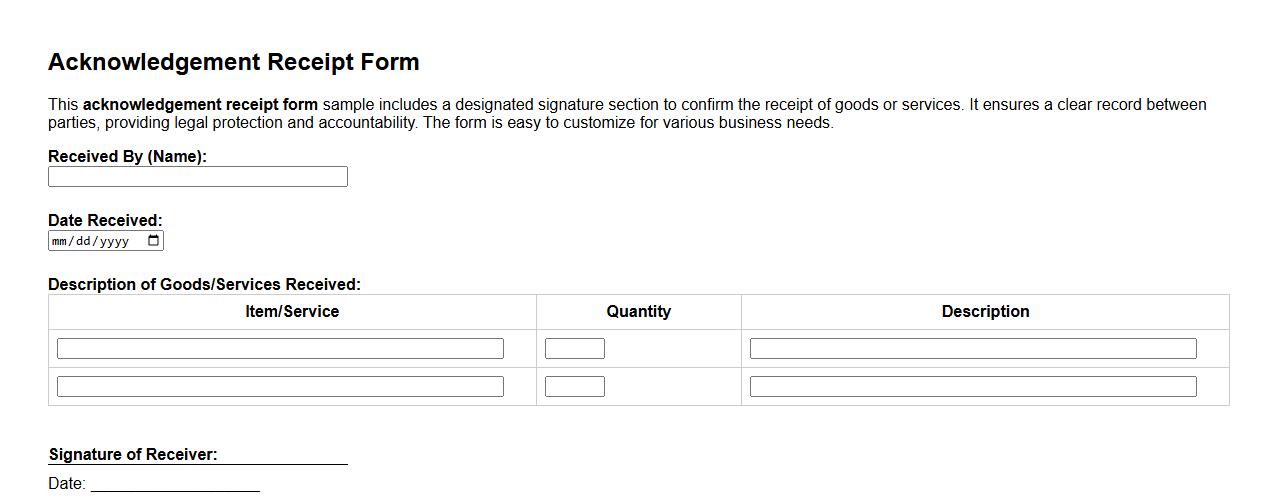 Acknowledgement receipt form sample with signature section image preview