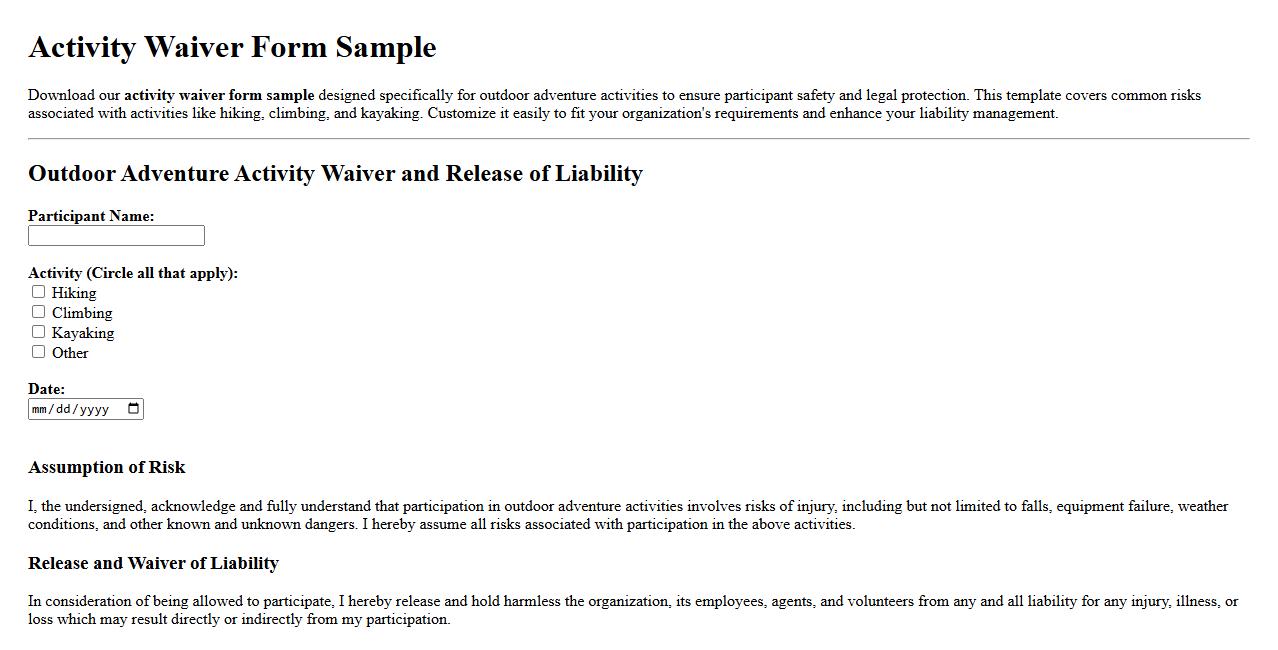 Activity waiver form sample for outdoor adventure activities image preview