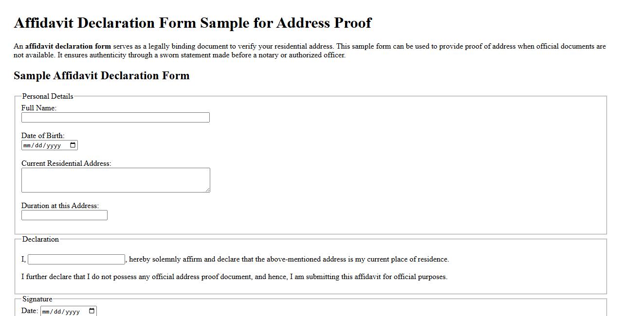 Affidavit declaration form sample for address proof image preview