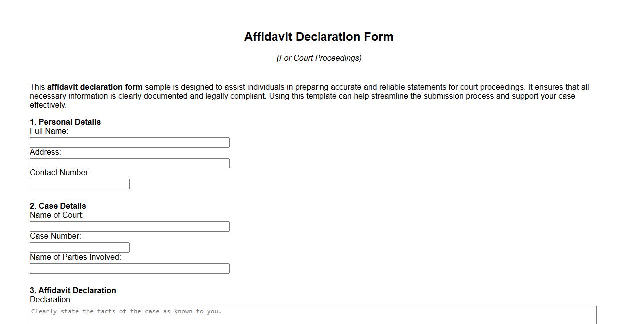 Affidavit declaration form sample for court proceedings image preview