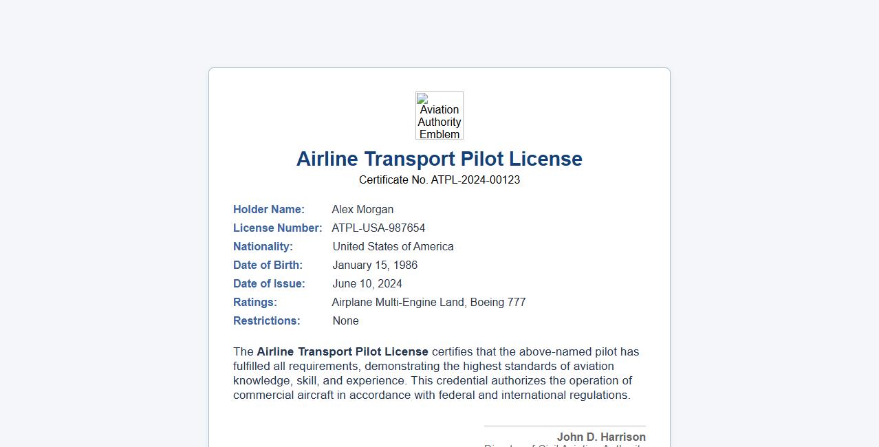 Airline transport pilot license certification document example image preview