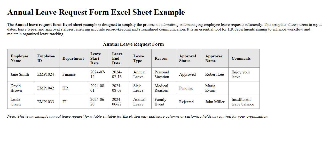 Annual leave request form Excel sheet example image preview