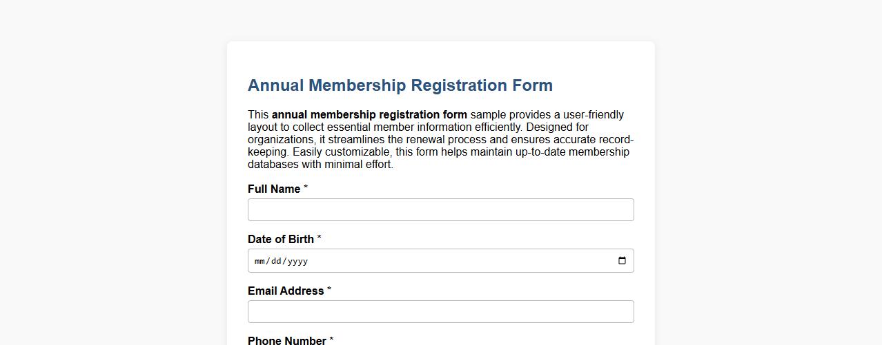 Annual membership registration form sample image preview