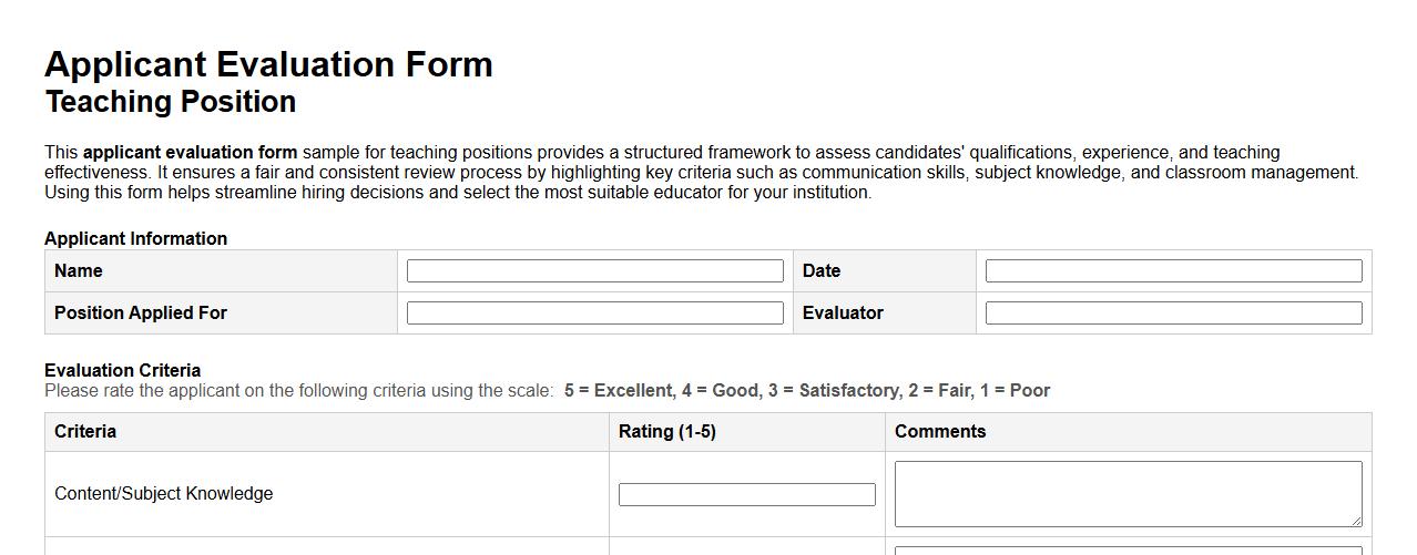 applicant evaluation form sample for teaching position image preview