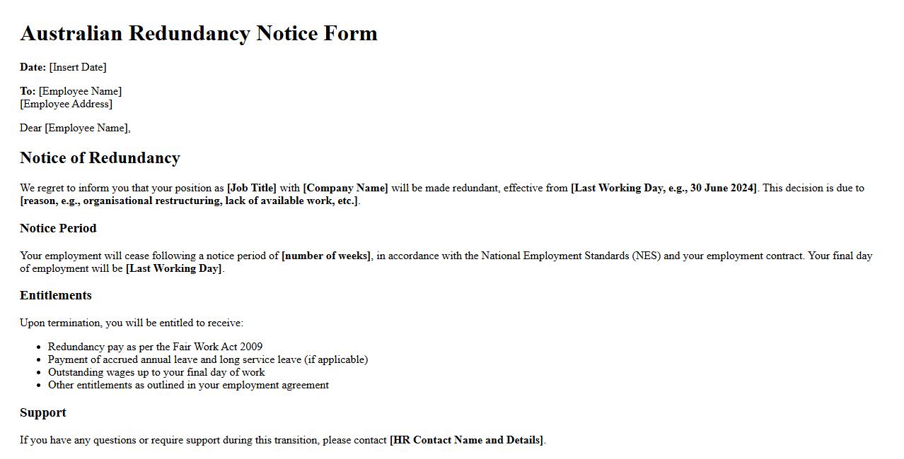 Australian redundancy notice form sample format image preview