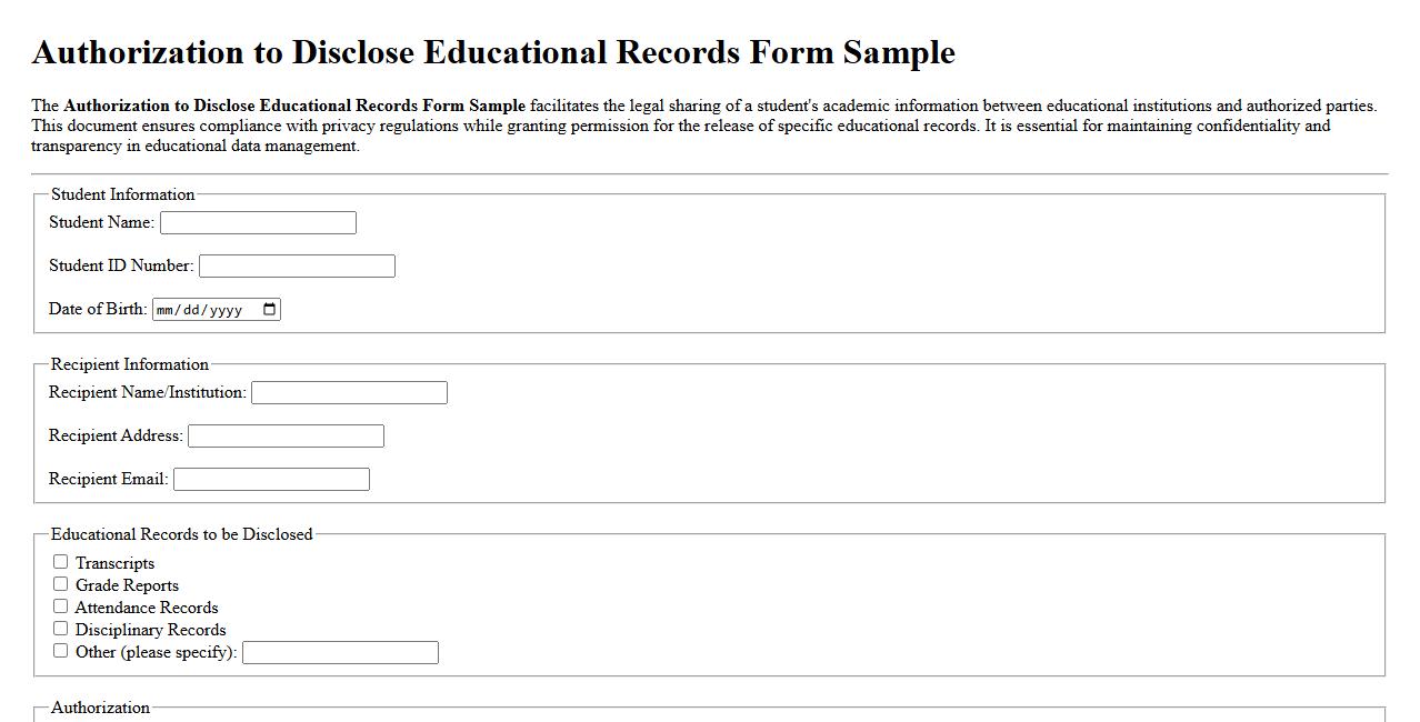 Authorization to Disclose Educational Records Form Sample image preview