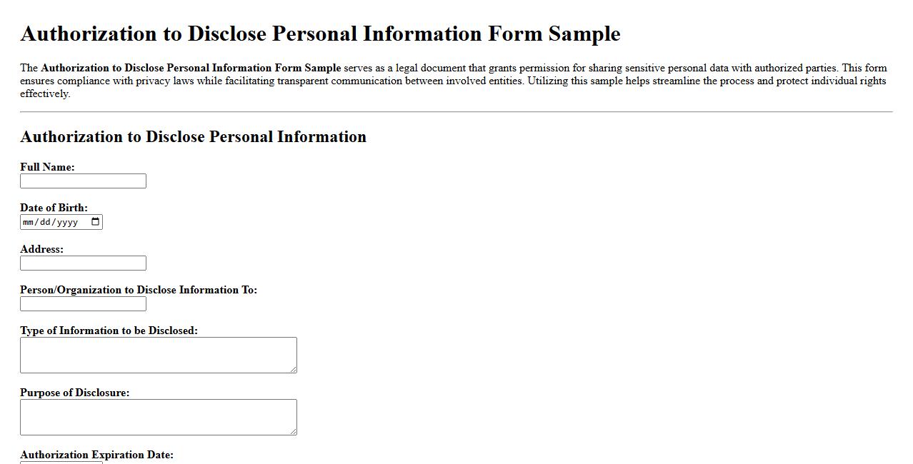 Authorization to Disclose Personal Information Form Sample image preview