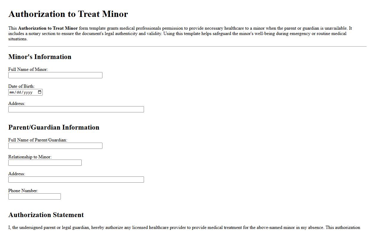 Authorization to treat minor form template with notary image preview