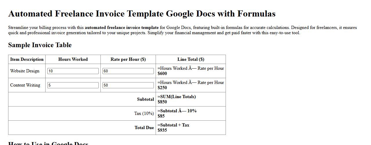 Automated freelance invoice template Google Docs with formulas image preview