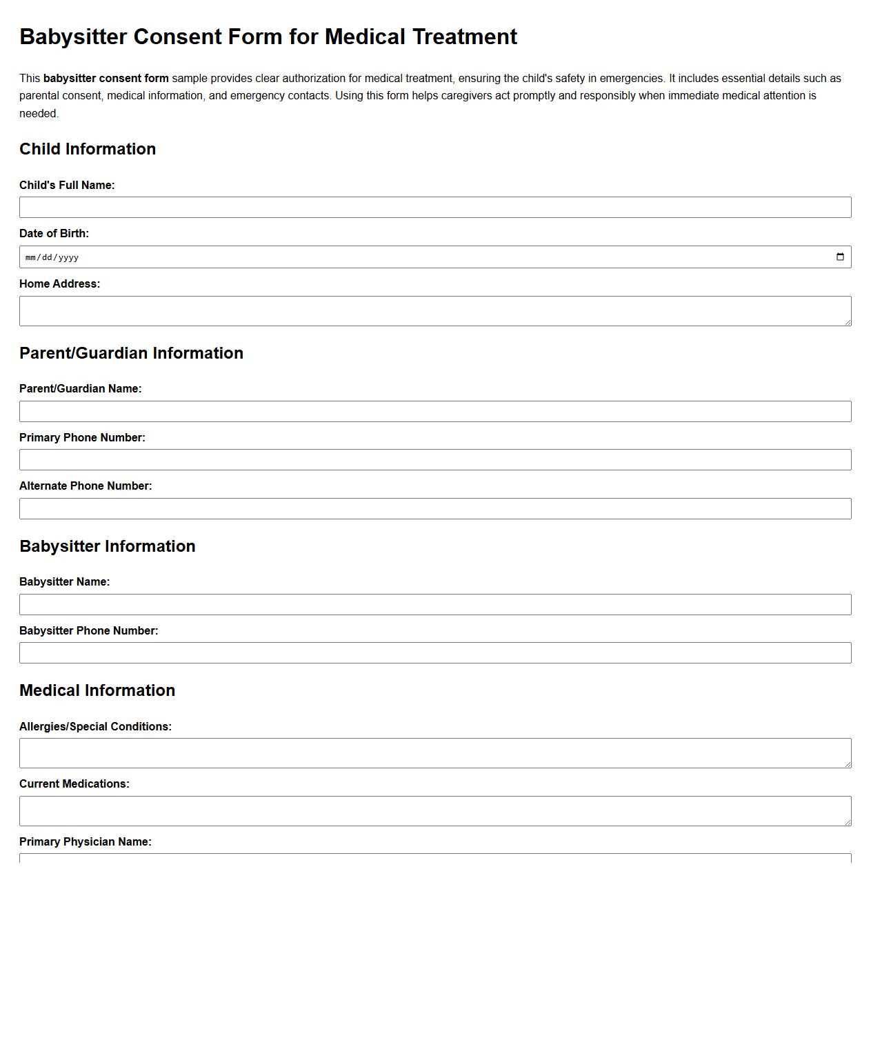 Babysitter consent form sample for medical treatment image preview