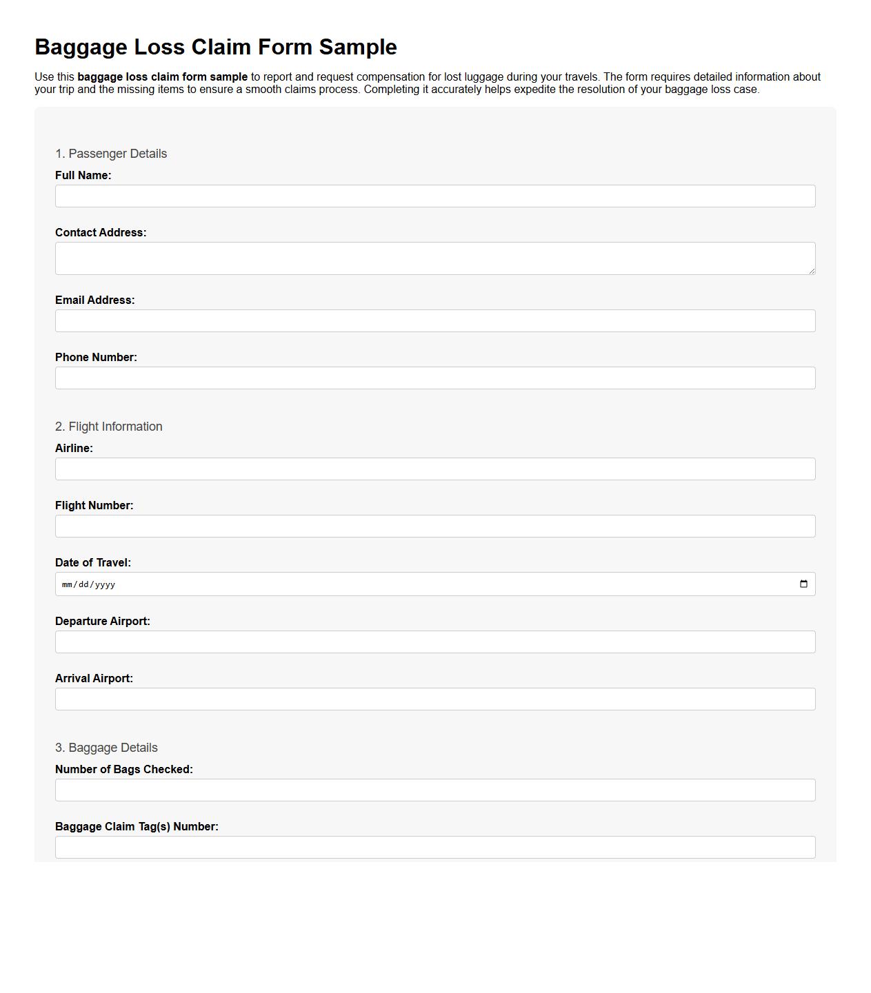 baggage loss claim form sample image preview