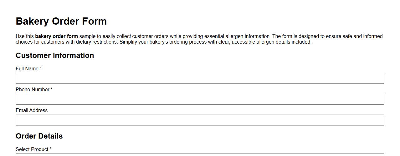 Bakery order form sample with allergen information image preview