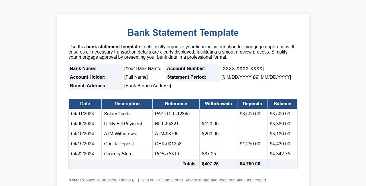 Bank statement template for mortgage application image preview