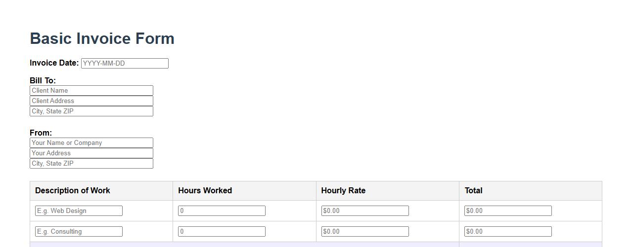 Basic invoice form sample with hourly rates image preview