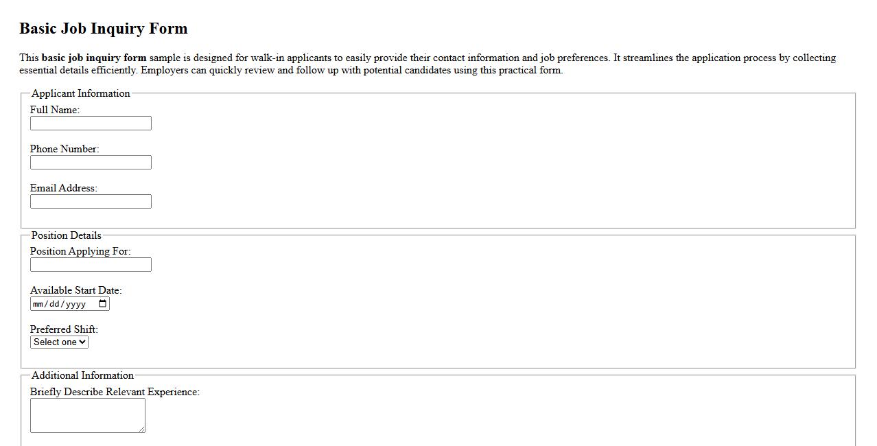 Basic job inquiry form sample for walk-in applicants image preview