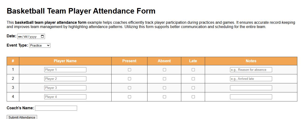 Basketball team player attendance form example image preview
