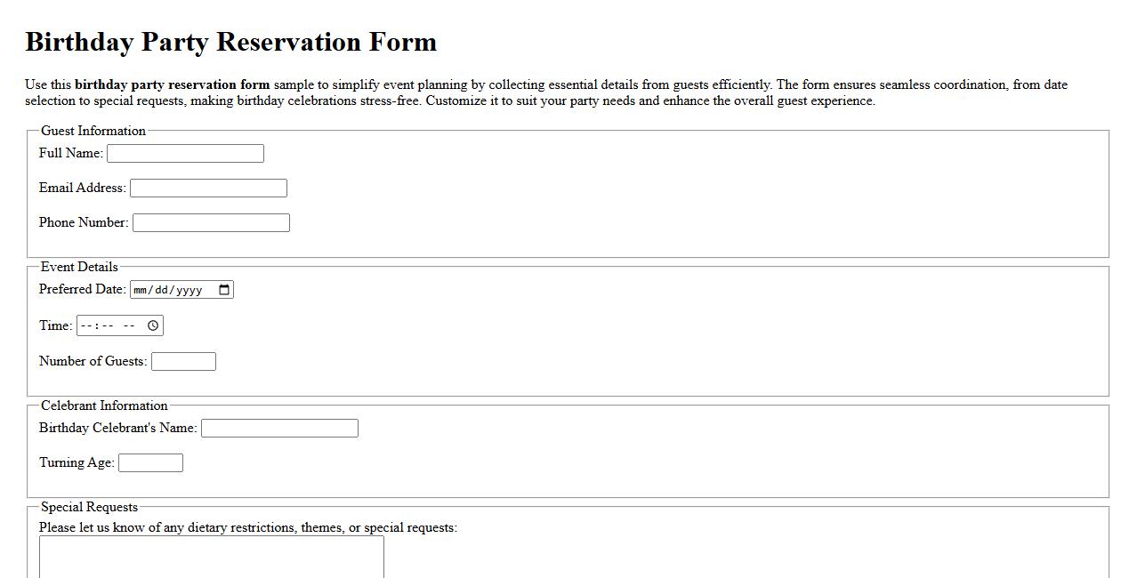 Birthday party reservation form sample image preview