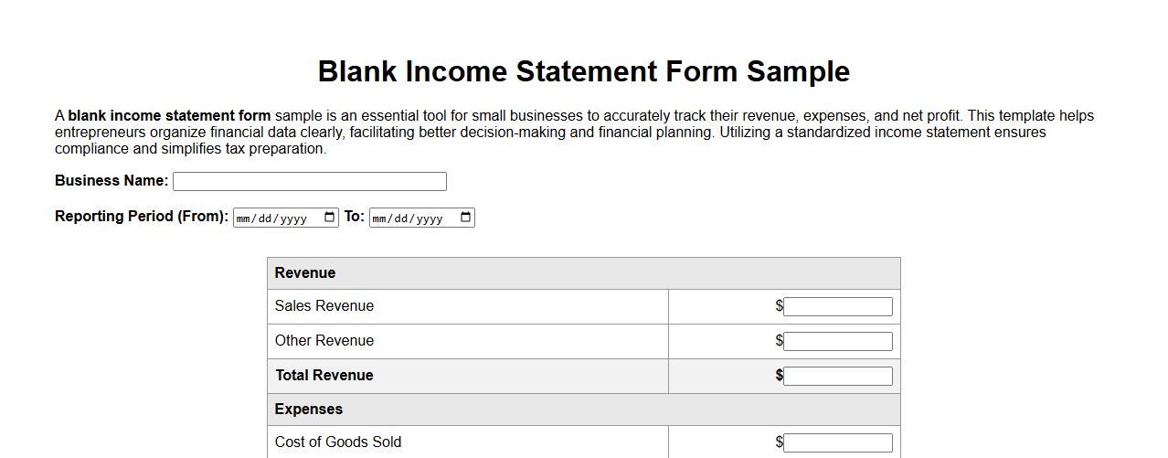 Blank income statement form sample for small business image preview