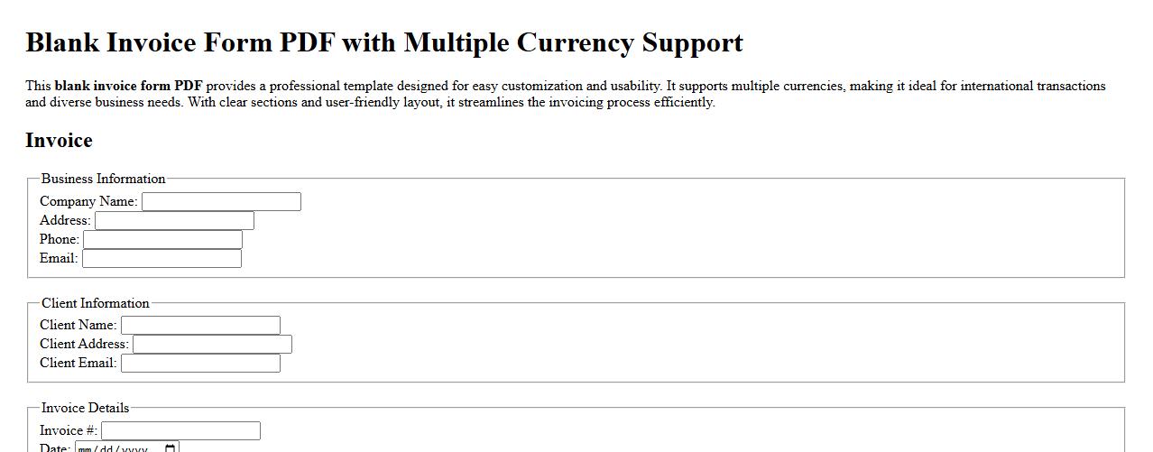 Blank invoice form PDF with multiple currency support image preview
