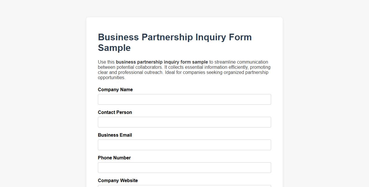 Business partnership inquiry form sample image preview