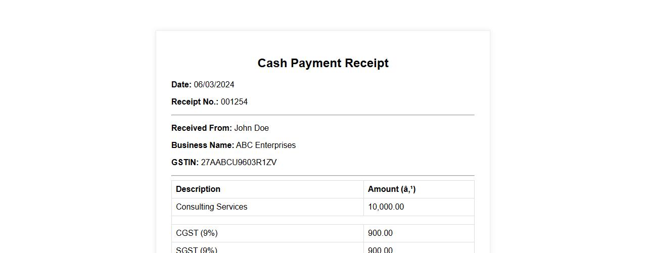 Cash payment receipt sample with GST details image preview