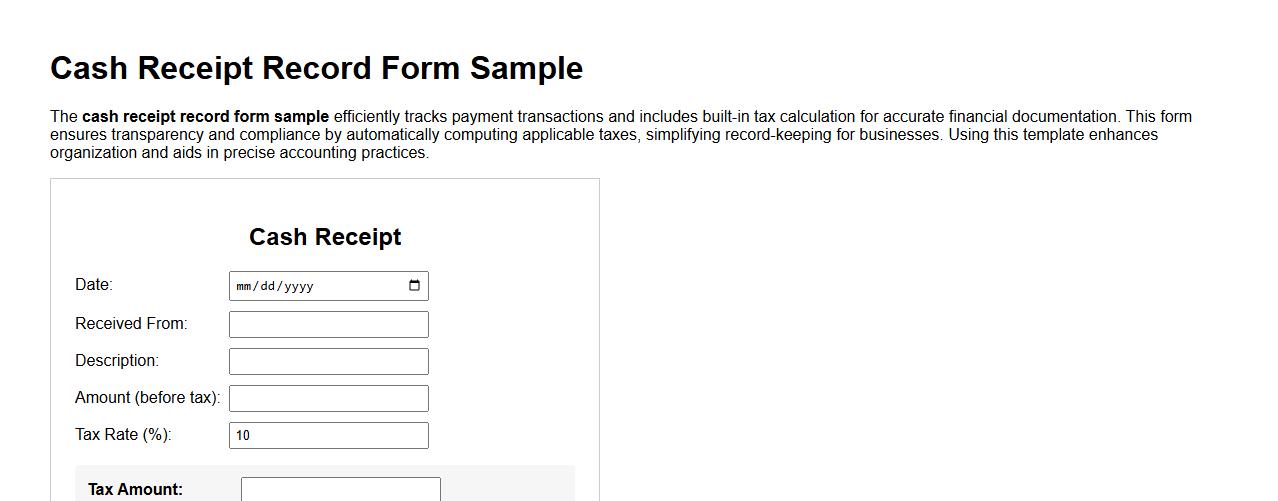 cash receipt record form sample with tax calculation image preview