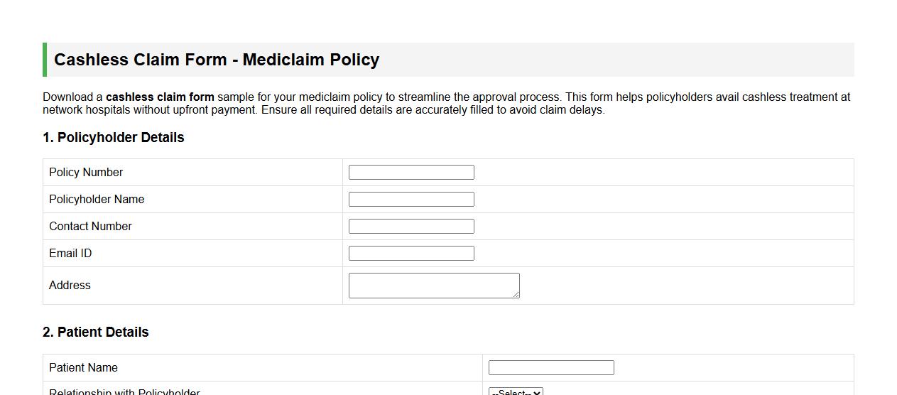 Cashless claim form sample for mediclaim policy image preview