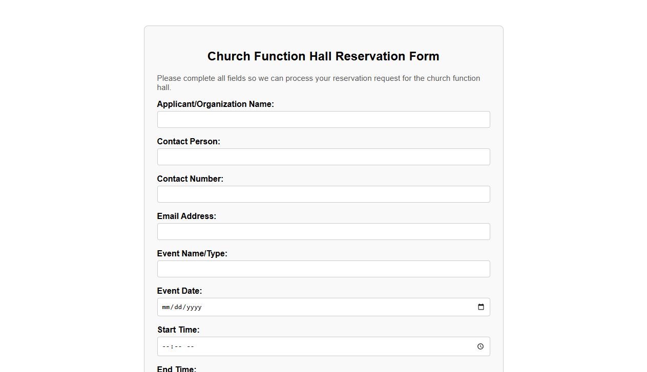 Church function hall reservation form sample template image preview