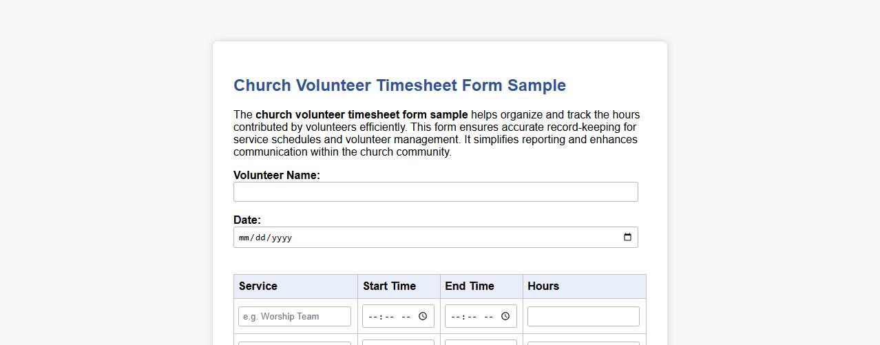 church volunteer timesheet form sample image preview